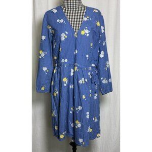 Old Navy Cotton Blue Wrap Front Dress Long Sleeve Yellow Floral Daisy Large
